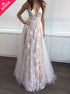 A Line Deep V Neck Pink Tulle Prom Dresses LBQ0235